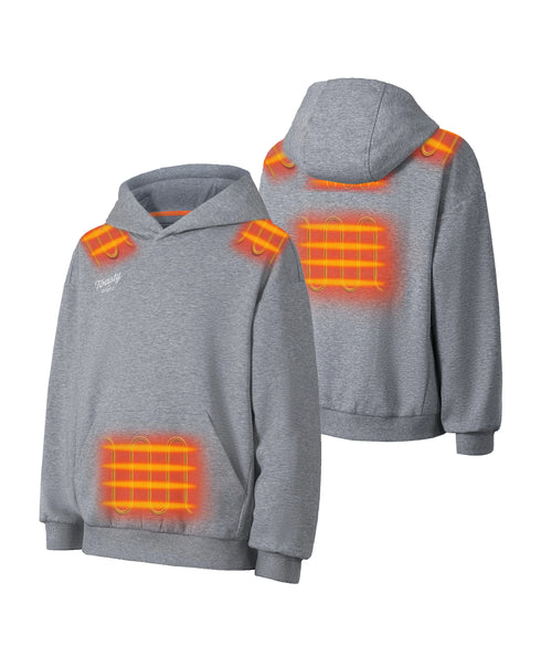 5 targeted carbon-fiber heating zones of Toasty Kids' 5-Zone Heated Pullover Hoodie: shoulders, upper back, middle back, and pocket area