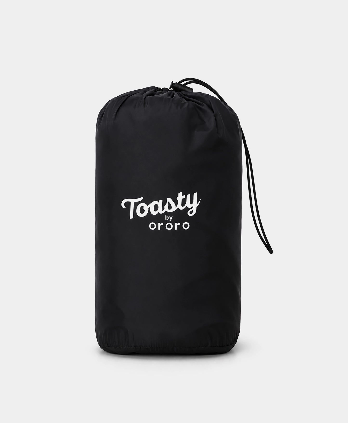 Black drawstring  sack with the white "Toasty by ororo" logo printed on the front