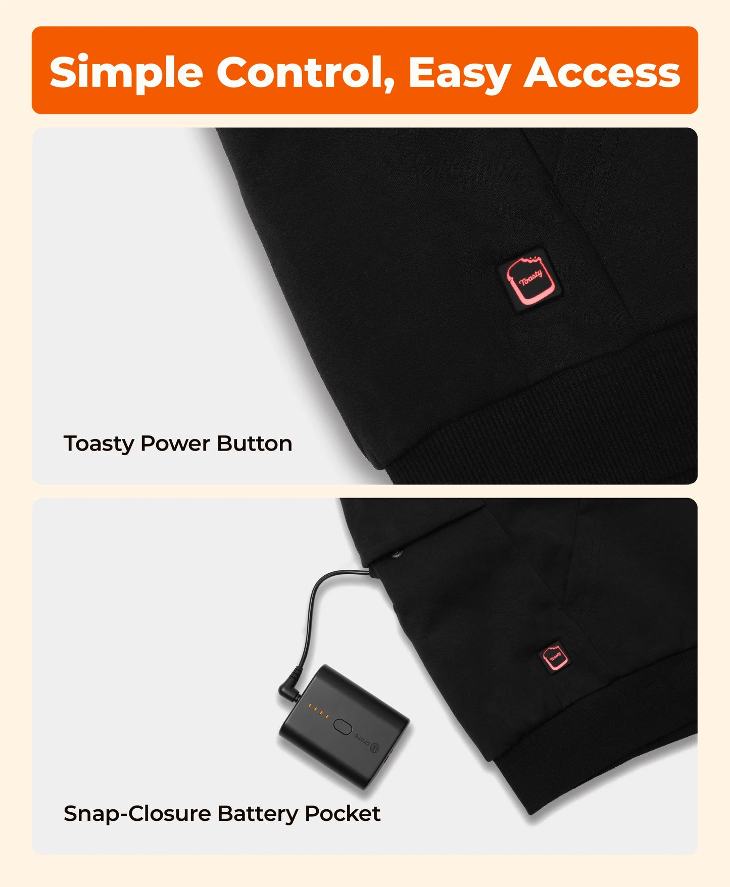 Toasty Power Button, Snap-Closure Battery Pocket
