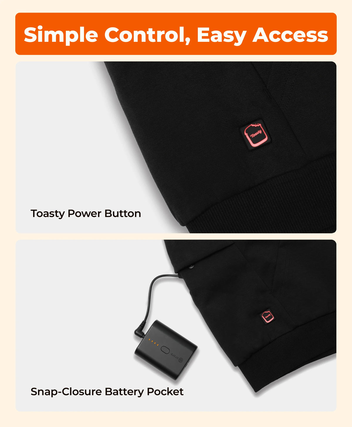 Toasty Power Button, Snap-Closure Battery Pocket