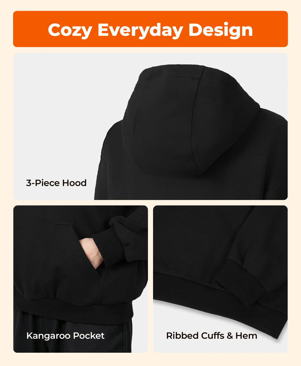 3 piece Hood, Kangaroo Pocket, Ribbed Cuffs & Hem