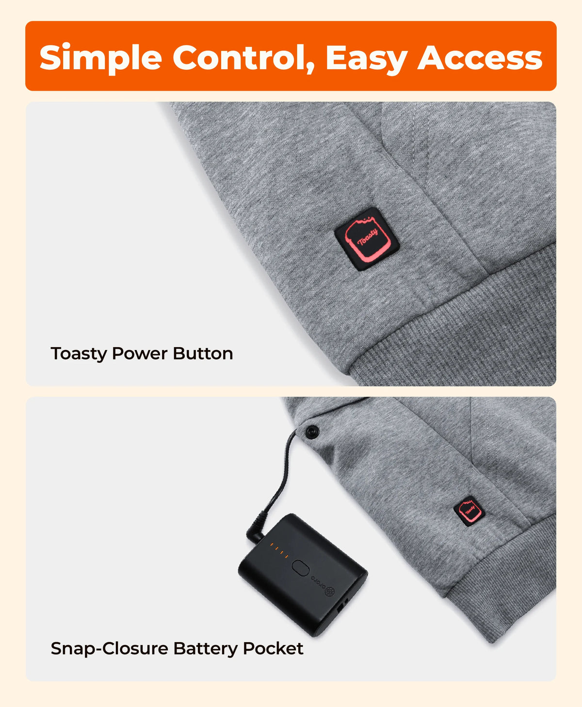 Toasty Power Button, Snap-Closure Battery Pocket