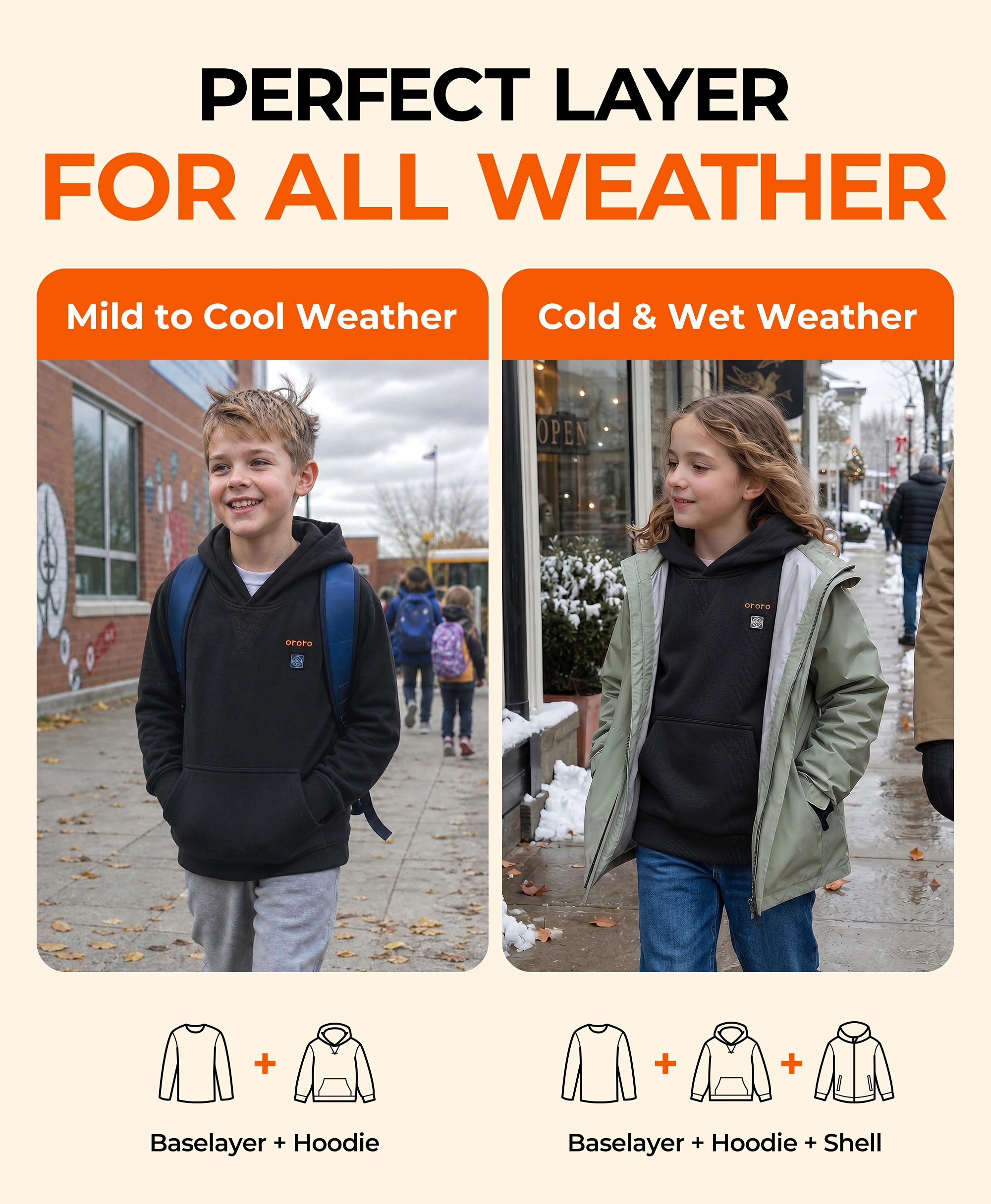 Image of ororo Kids' 4-Zone Heated Pullover Hoodie using for all weather