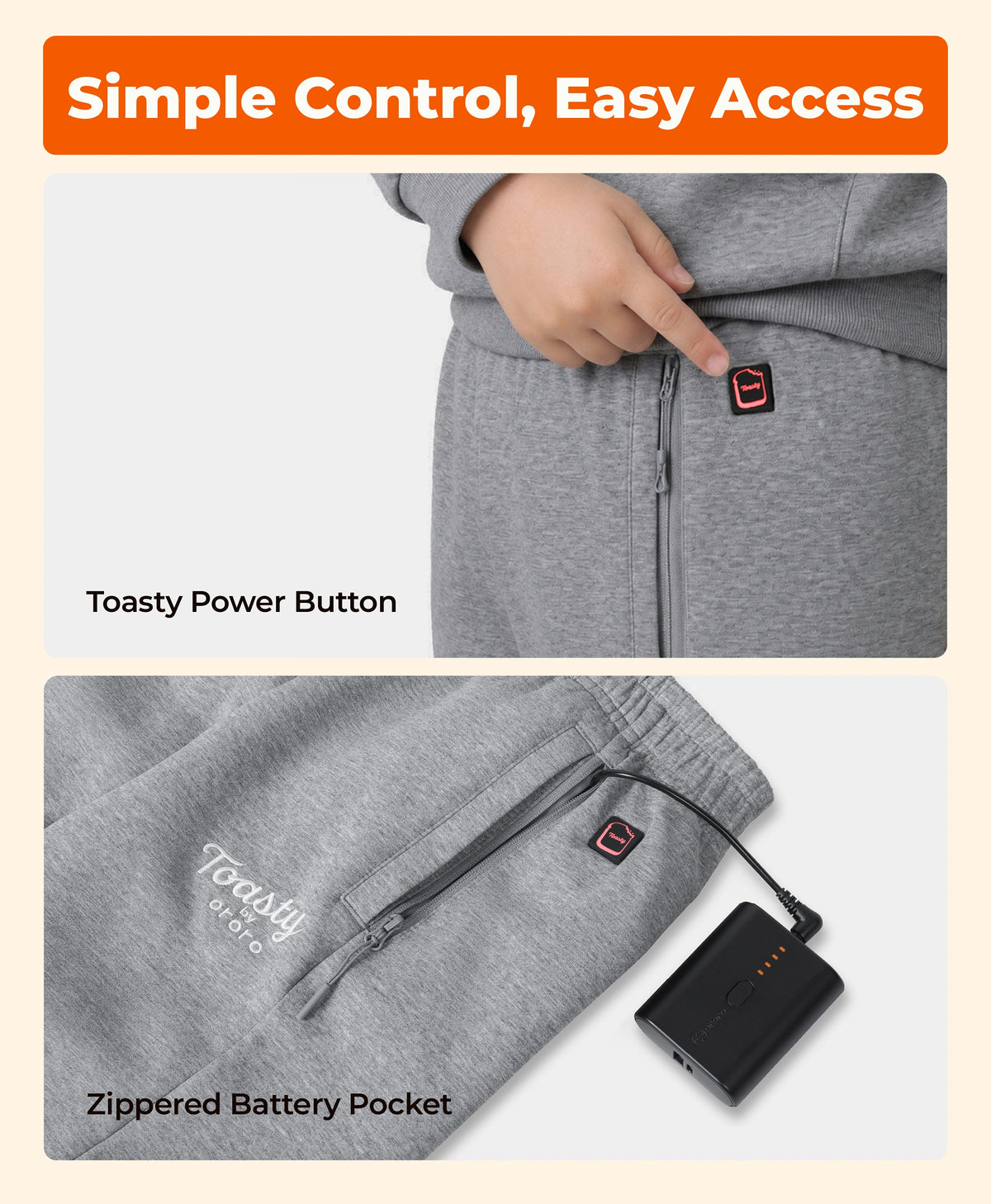 Toasty Power Button, Zippered Battery Pocket