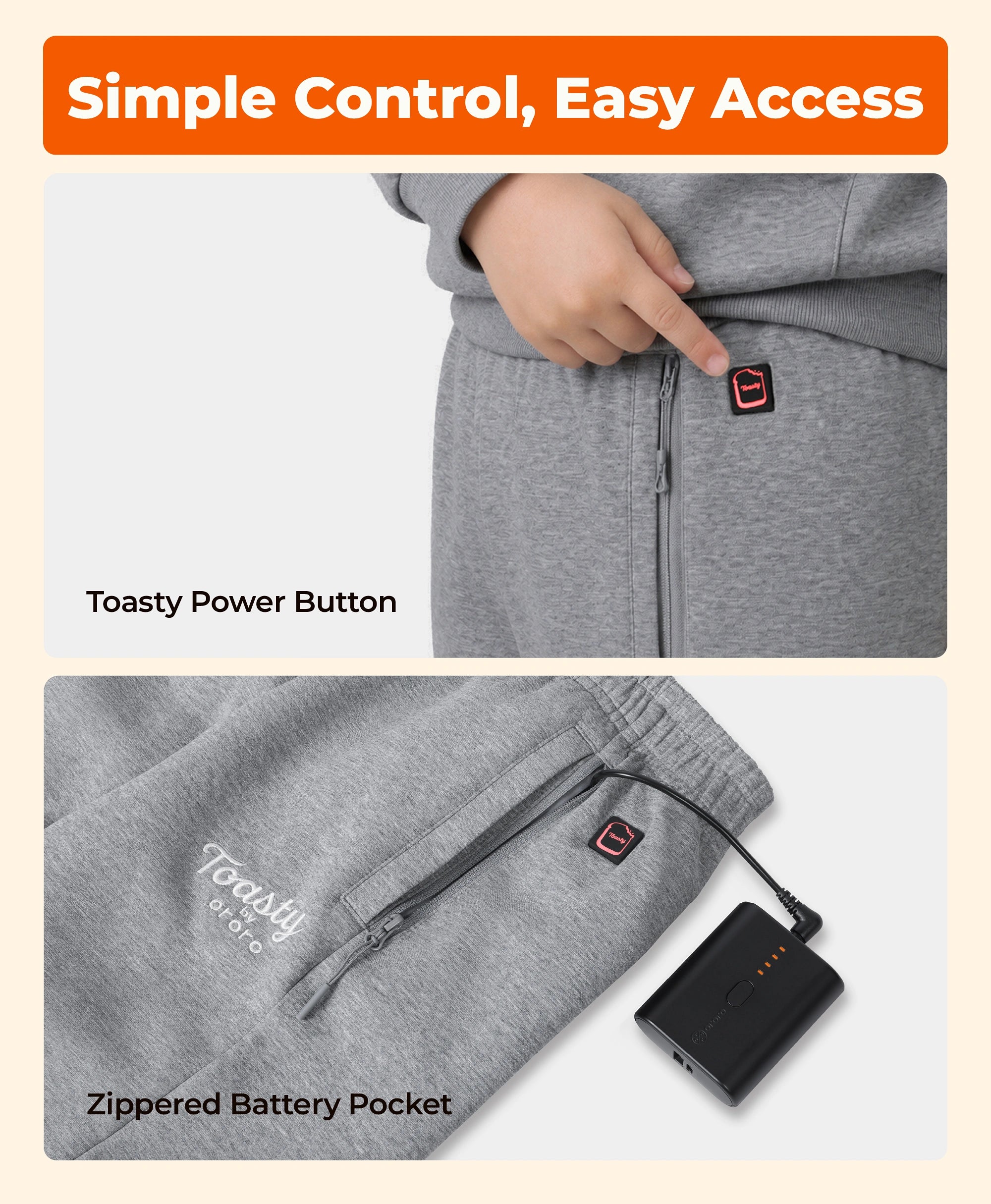 Toasty Power Button, Zippered Battery Pocket