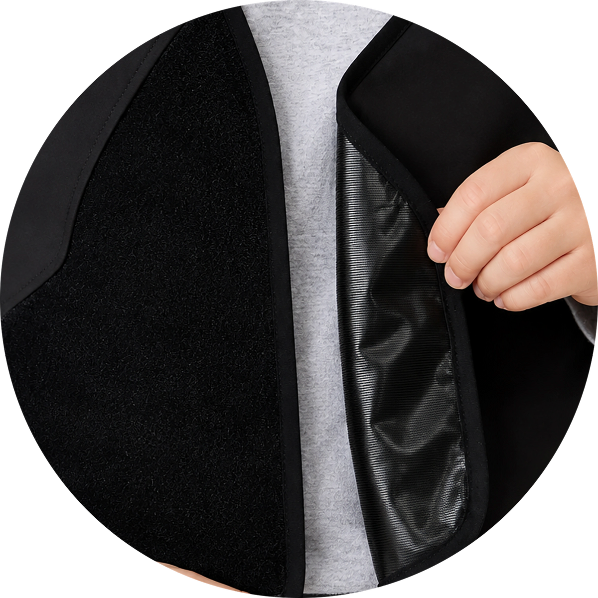 Hand opening the side panel of a vest to reveal the inner lining
