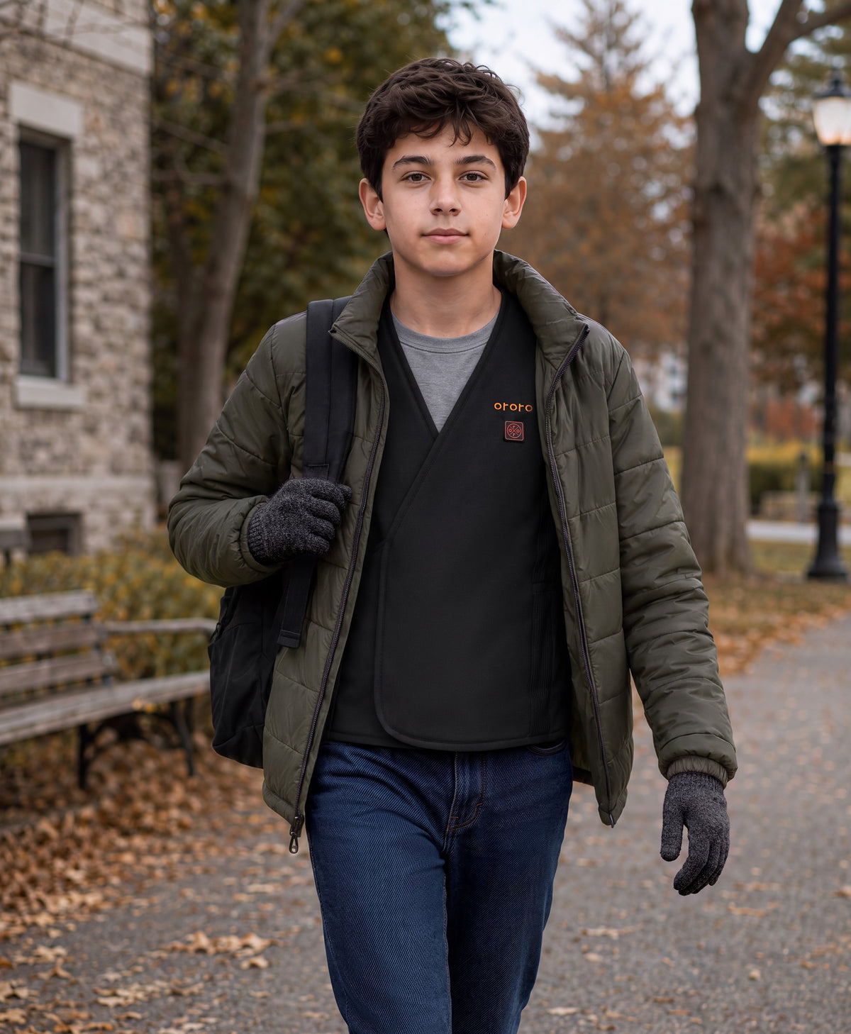 A boy walking in the park with Kids’ Vanguard Ultralight Adjustable Heated Liner Vest layering under the outerwear