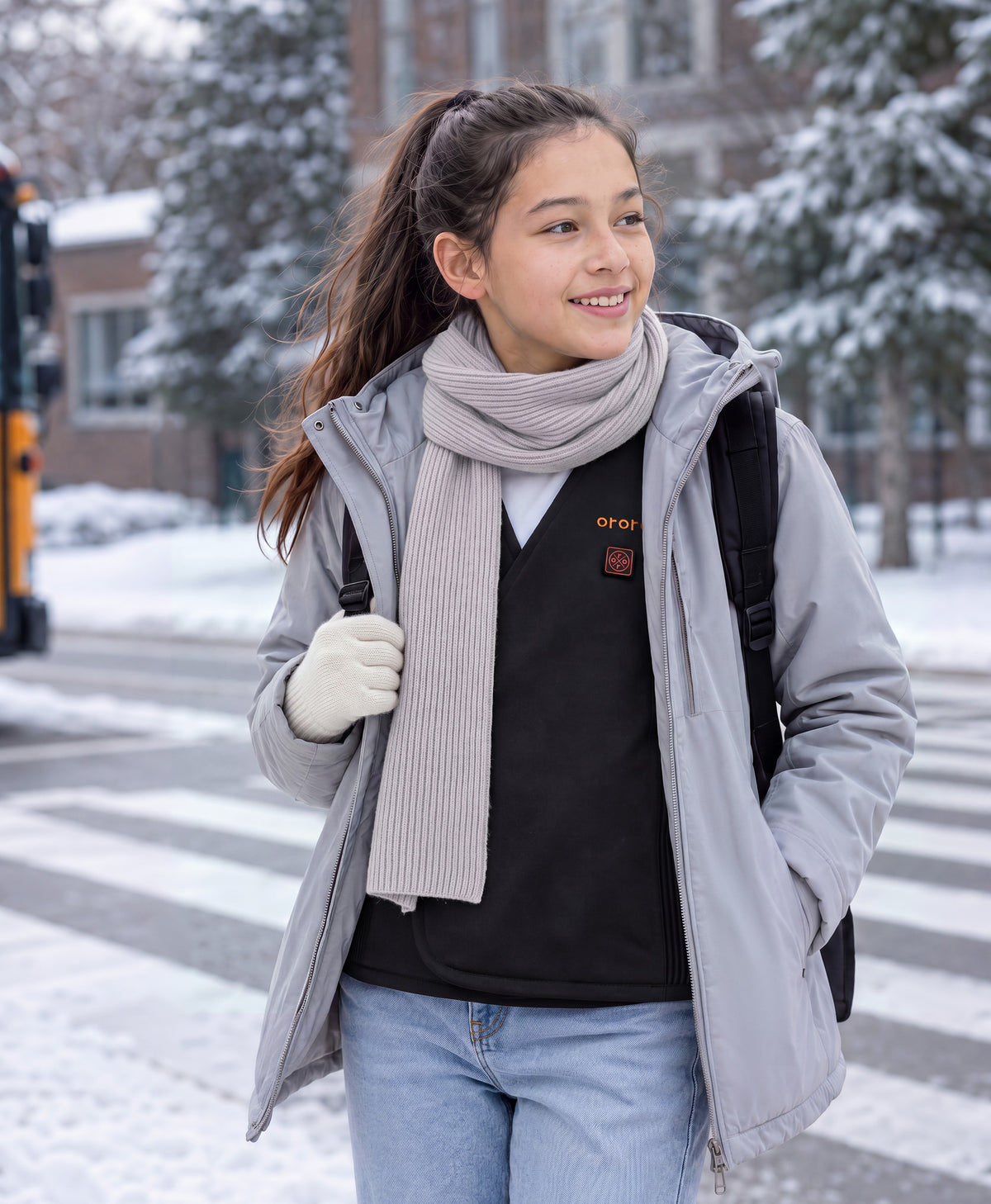 A girl walking to school with Kids’ Vanguard Ultralight Adjustable Heated Liner Vest layering under the outerwear