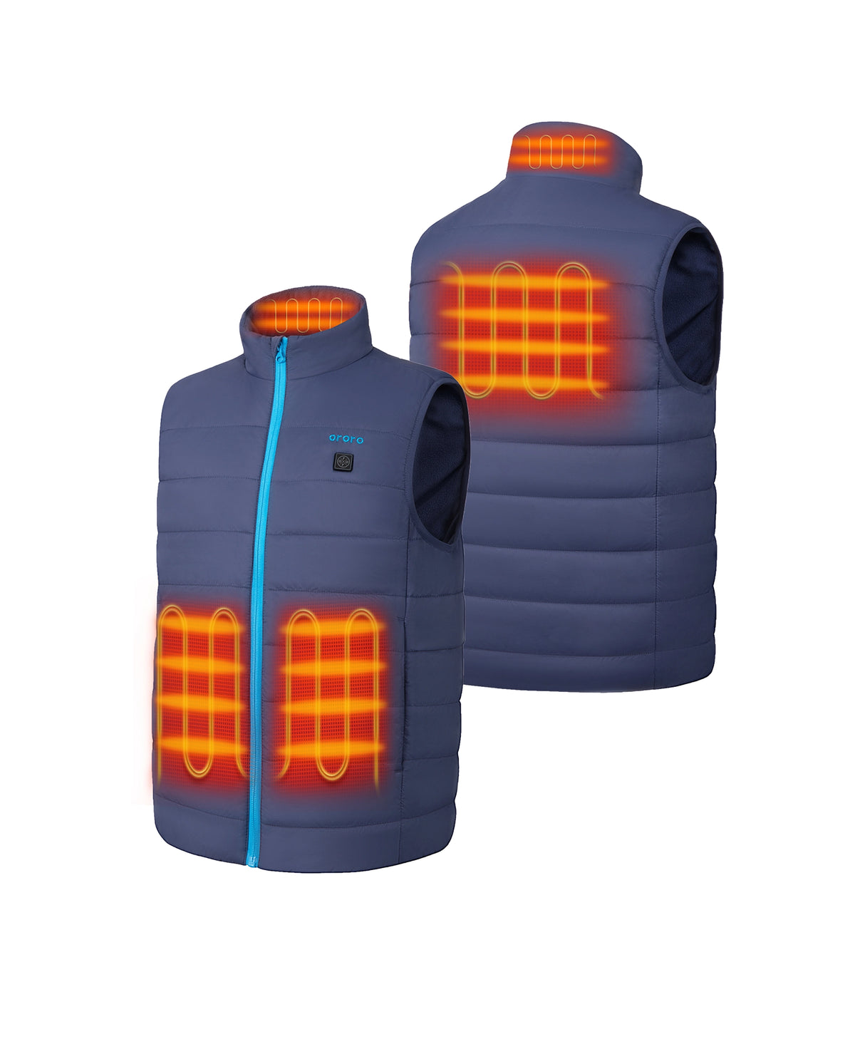 4-zone heat across pockets, back, and collar