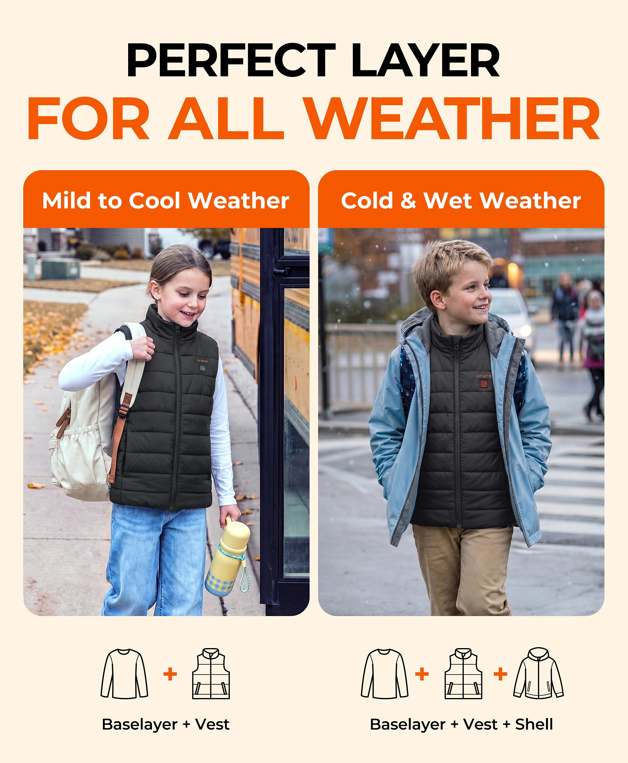 Image of ororo Kids' 4-Zone Classic Heated Vest for all weather