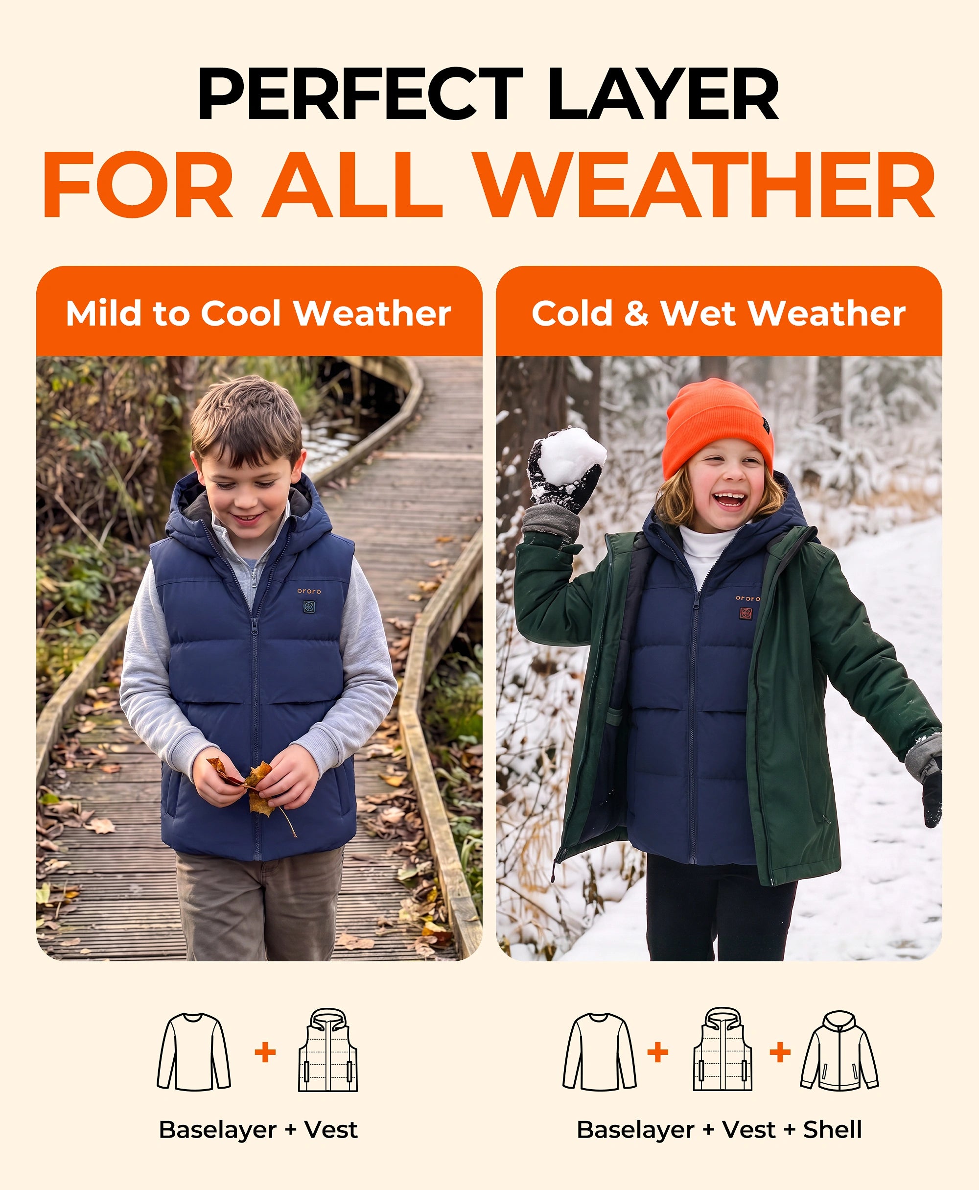 Image of ororo Kids' 4-Zone Hooded Heated Down Vest using for all weather