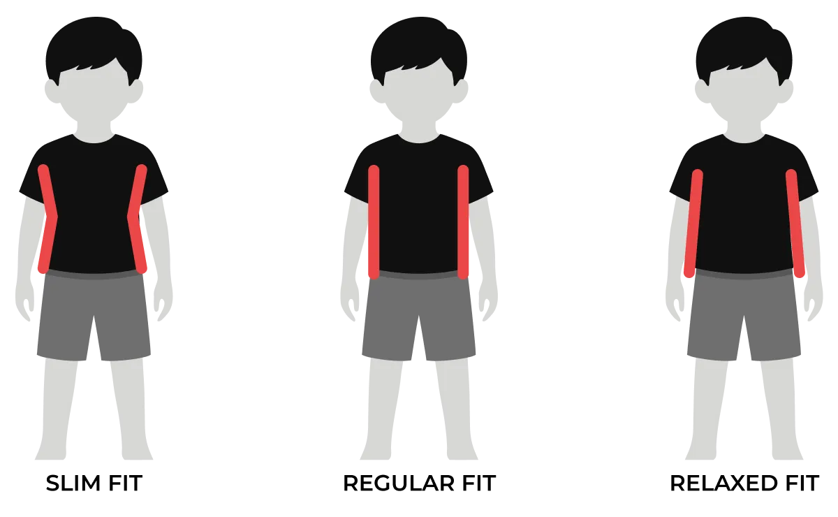 Slim Fit, Regular Fit, and Relaxed Fit, with red side panels indicating fit differences.