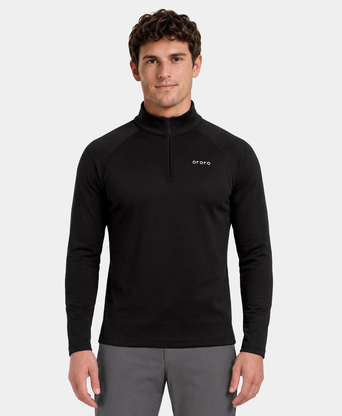 Man wearing ororo men's black qtr-zip long-sleeve heated thermal base layer top against a light gray background