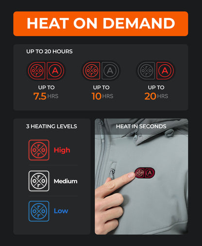 Heating system display with 'Heat on Demand' text and control icons on a dark background.