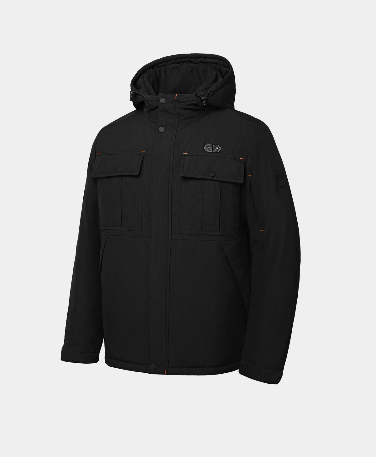Black men's heated jacket with hood and durable utility design