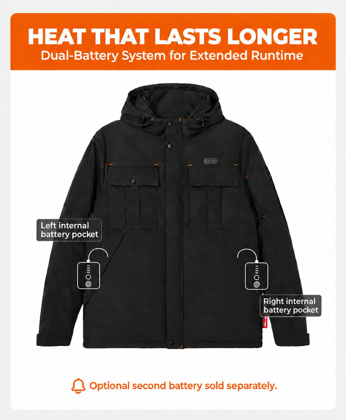 Black hooded jacket with dual internal battery pockets