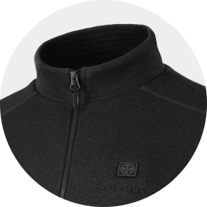 Close-up of a black ribbed knit 1/4 zip-up jacket with a high stand collar