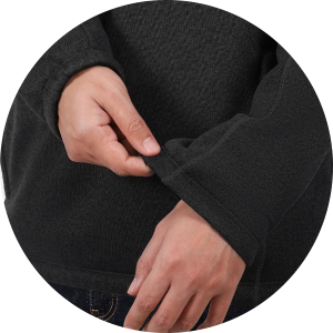 Close-up circular detail shot of the cuff of a black ribbed knit 
