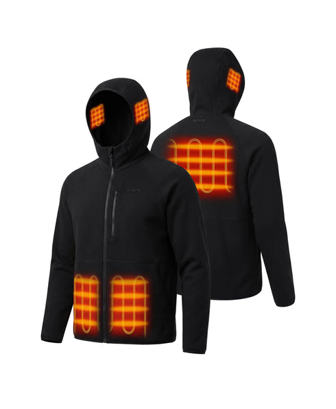 Front and back view of the Men's 5-Zone Heated Tech Fleece Jacket in black with hoods up, displaying glowing red heating elements across the front pockets, upper back, and hood.