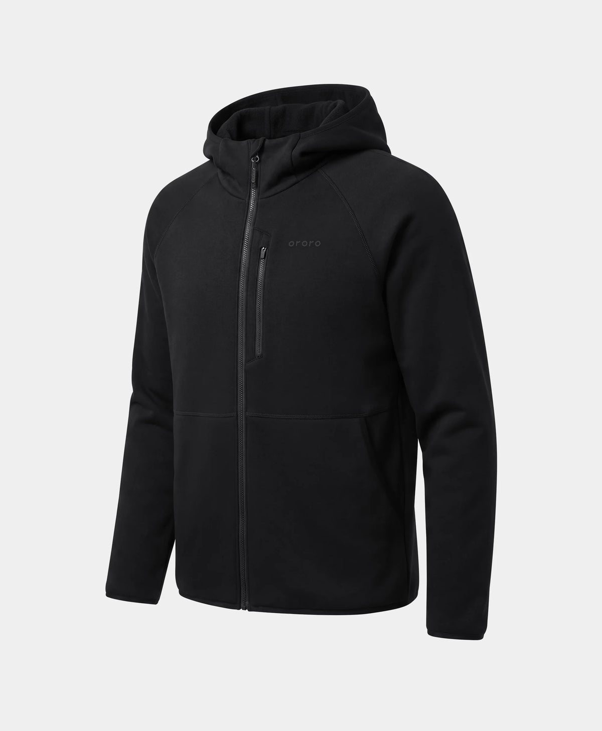 Front view of the Men's 5-Zone Heated Tech Fleece Jacket in black on a gray background.