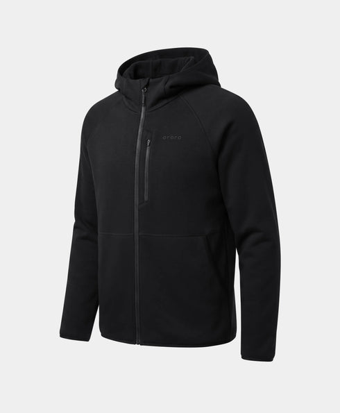 Front view of the Men's 5-Zone Heated Tech Fleece Jacket in black on a gray background.