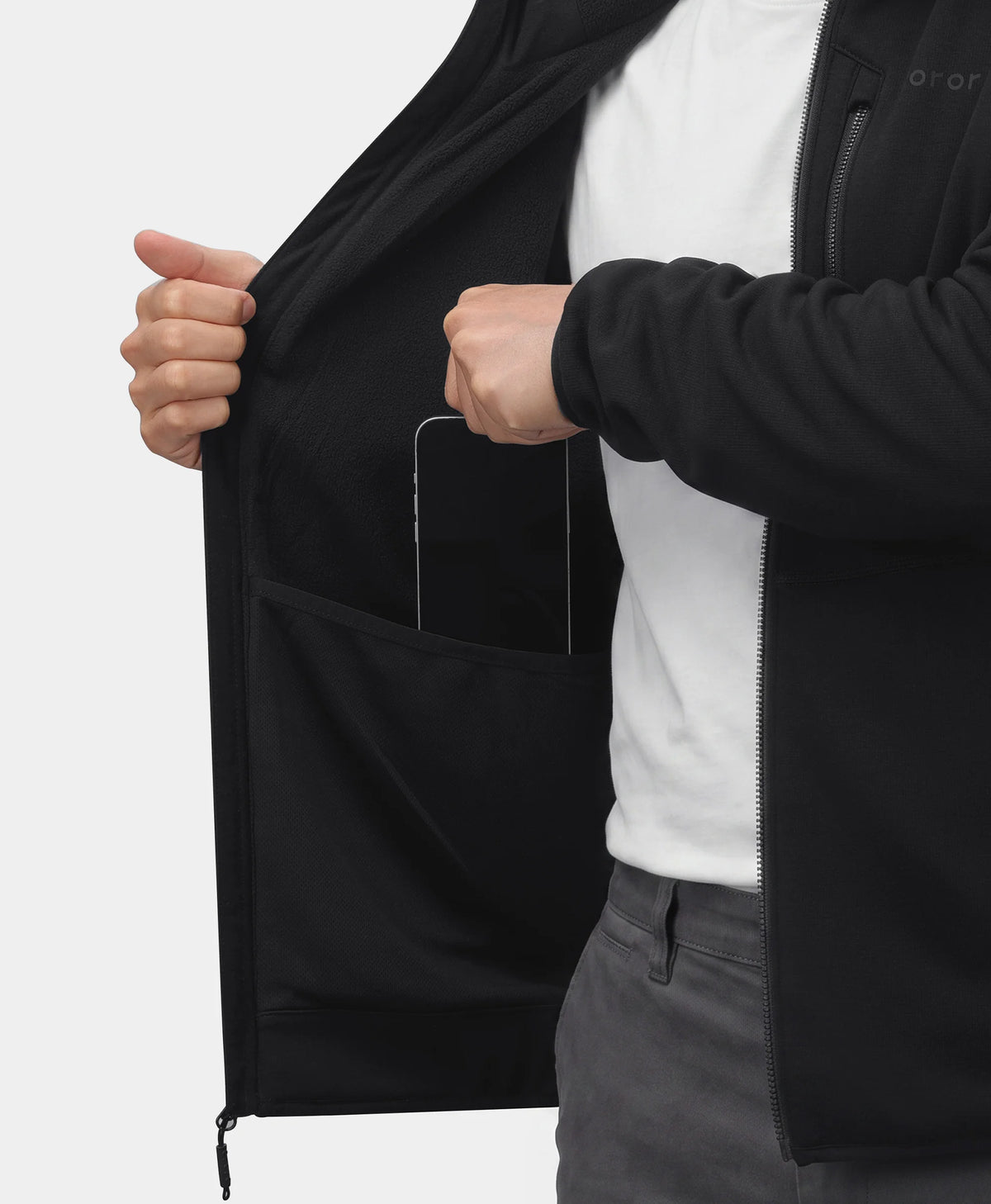 Men's 5-Zone Heated Tech Fleece Jacket showing the soft fleece lining and large interior storage pocket