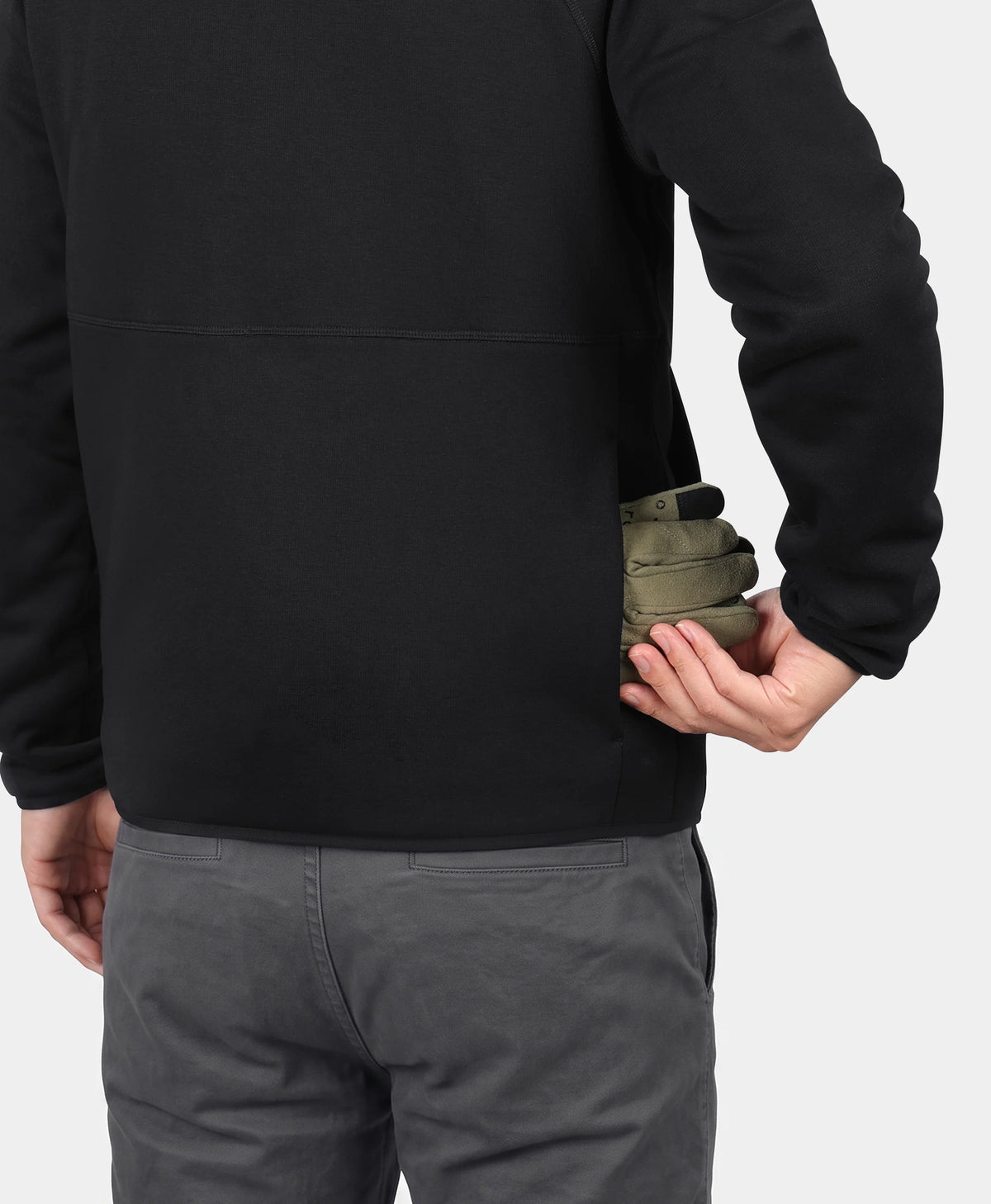 Rear view of Men's 5-Zone Heated Tech Fleece Jacket showing a side storage pocket holding gloves