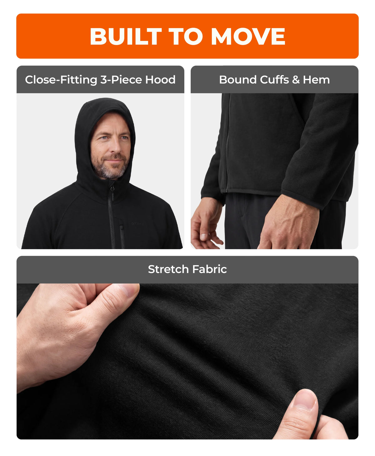 ororo Heated Tech Fleece Jacket with close-fitting hood, bound cuffs and hem, and stretch fabric