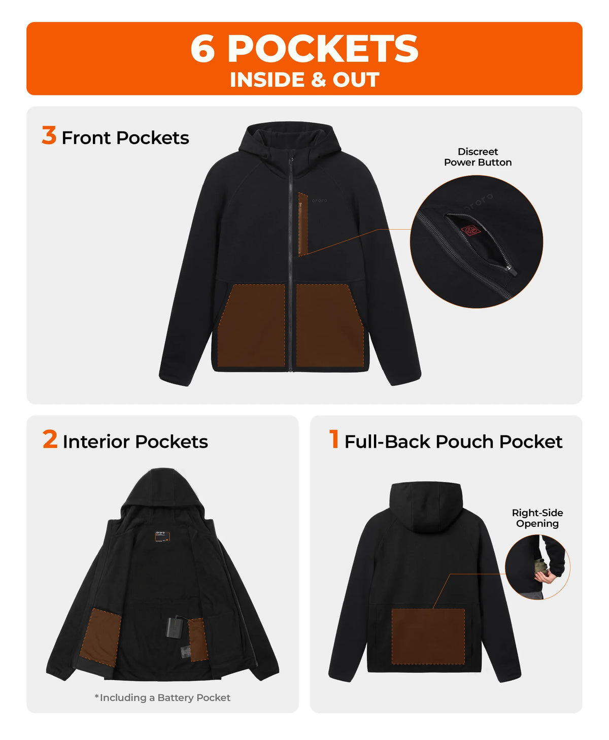 ororo Heated Tech Fleece Jacket with six pockets, including front, interior, and full-back storage