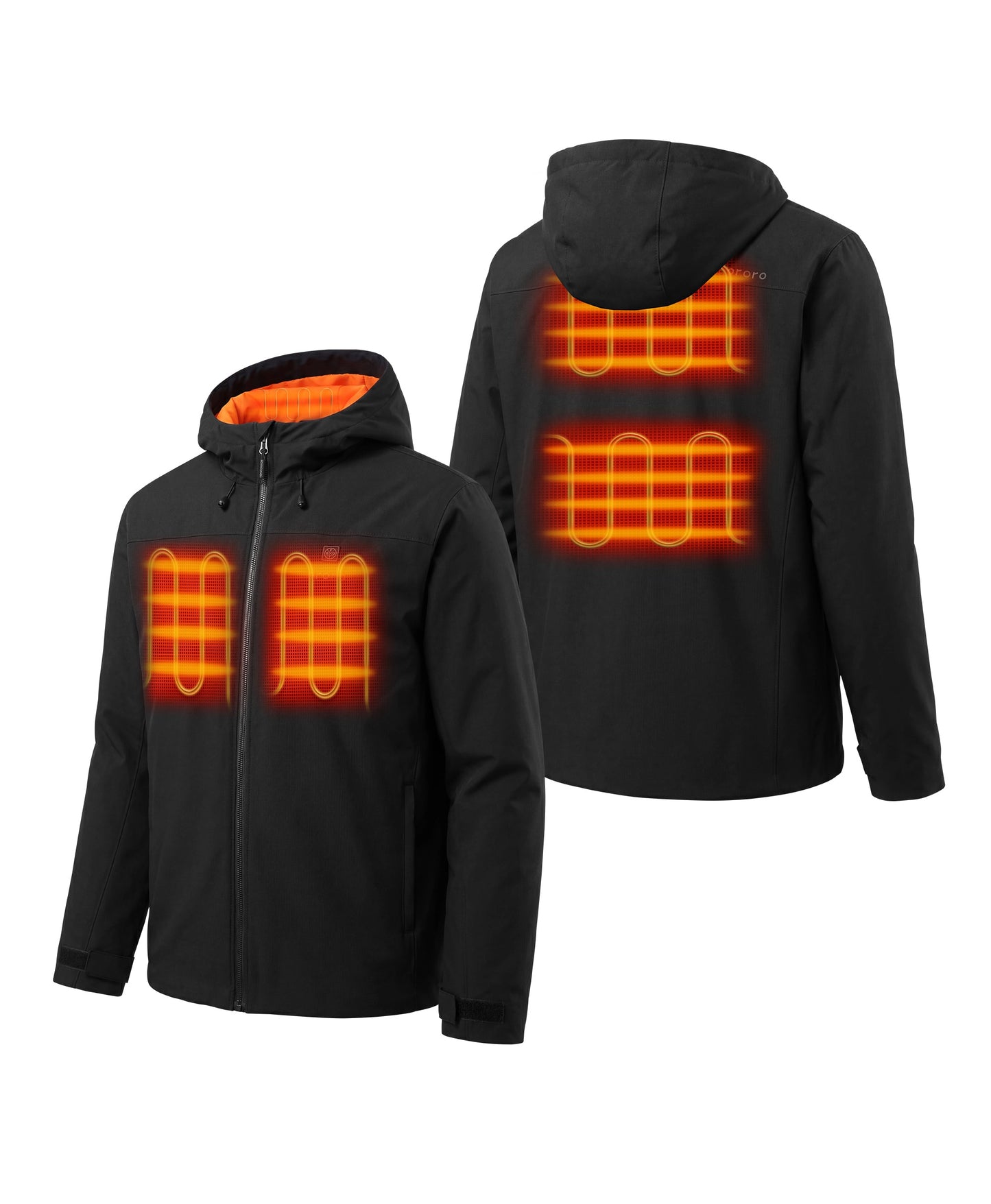Front and back view of ororo Heartland Men's 5-Zone Heated Insulated Hoodie showing 5 heating zones