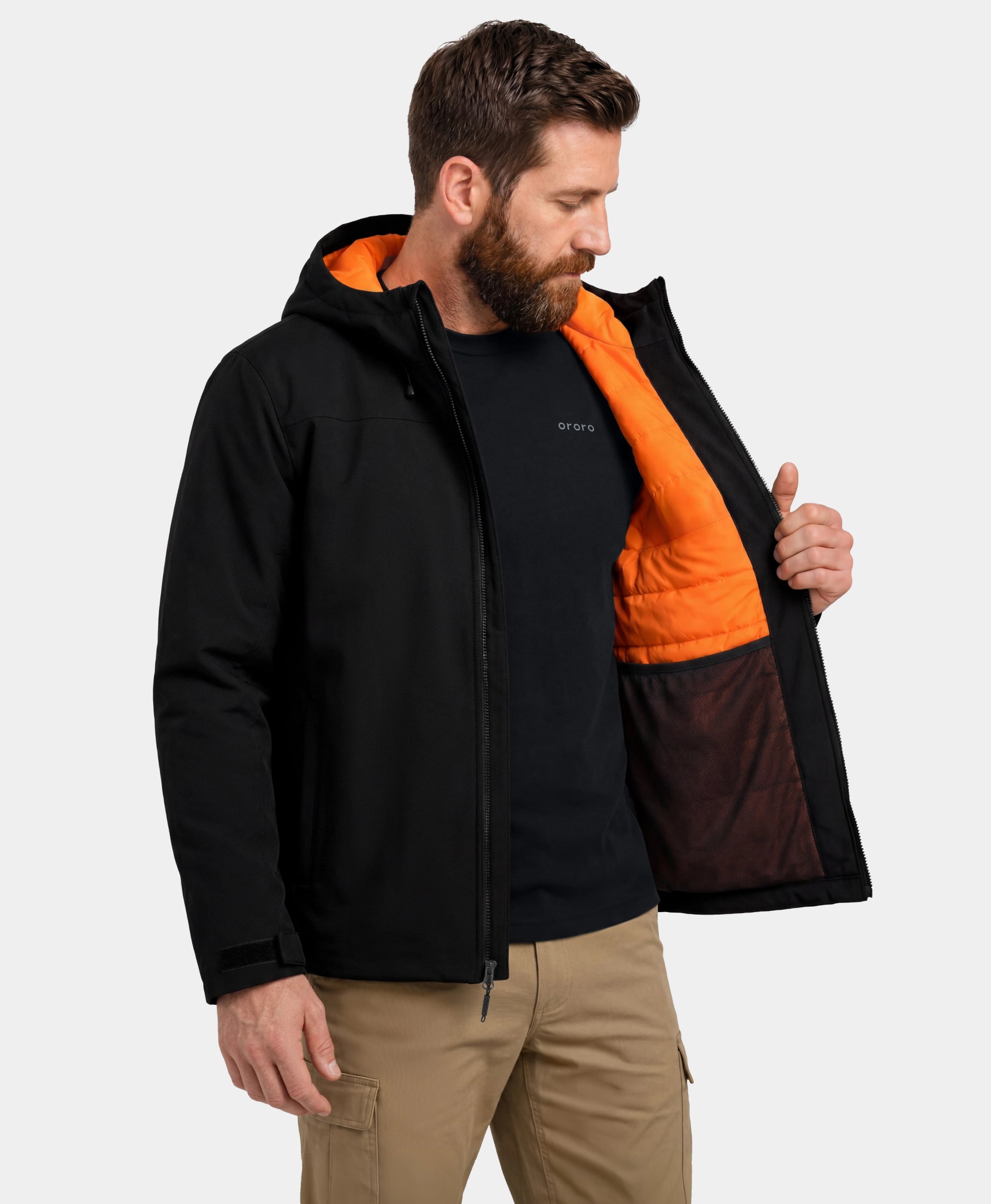 Front view of ororo Heartland Men's 5-Zone Heated Insulated Hoodie showing Lining