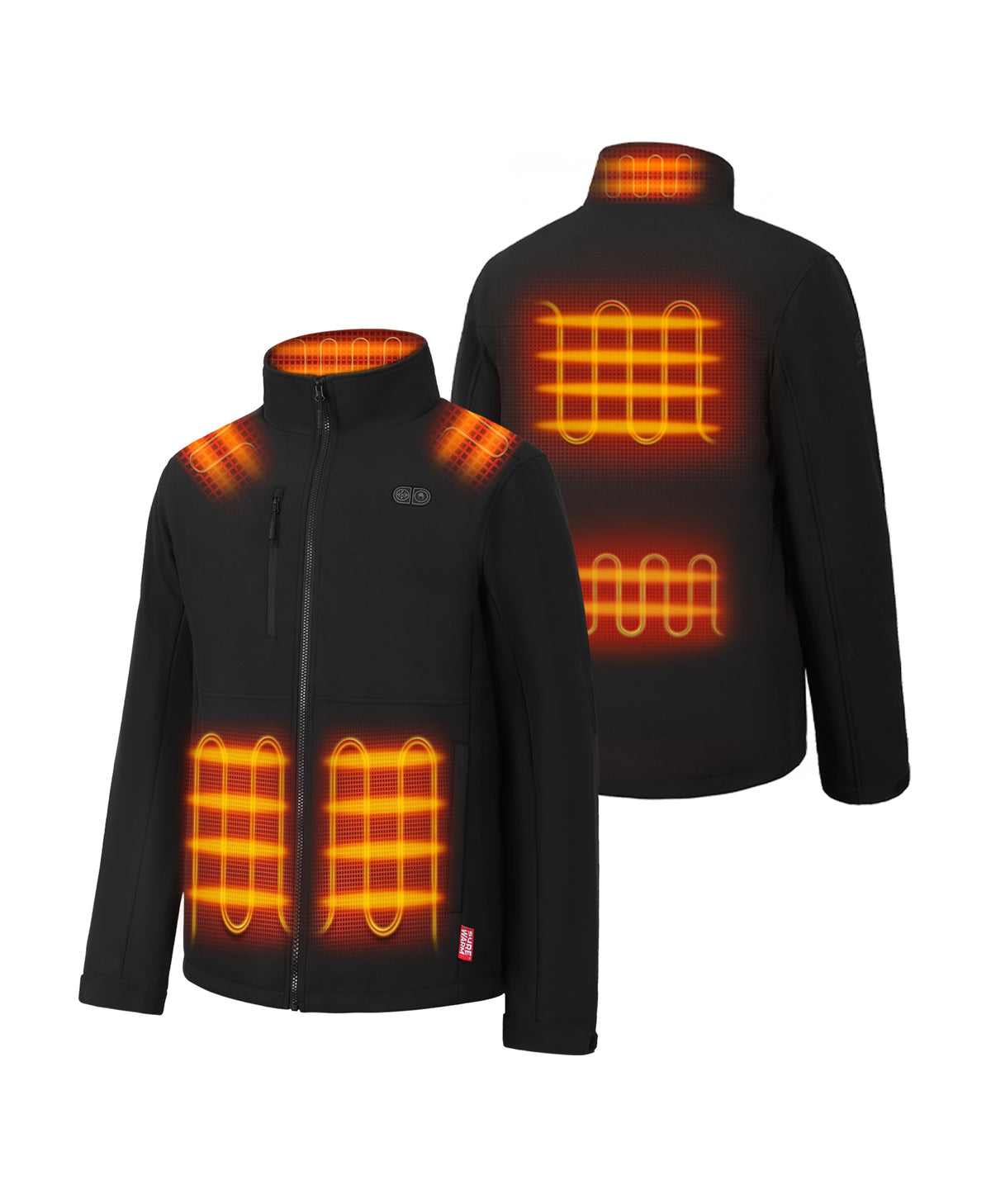 Front and back views showing seven heating zones at the shoulders, collar, hand pockets, mid-back, and lower back