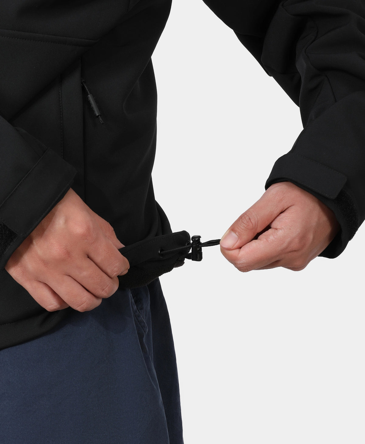 Drawstring hem adjustment on the ororo heated softshell jacket