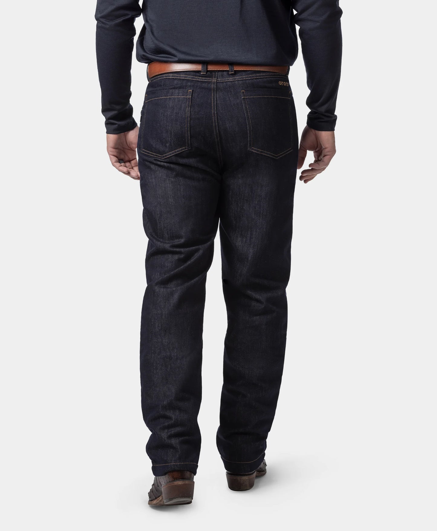 the back of Heatenim Men’s Heated Denim Pants with Fleece Lining