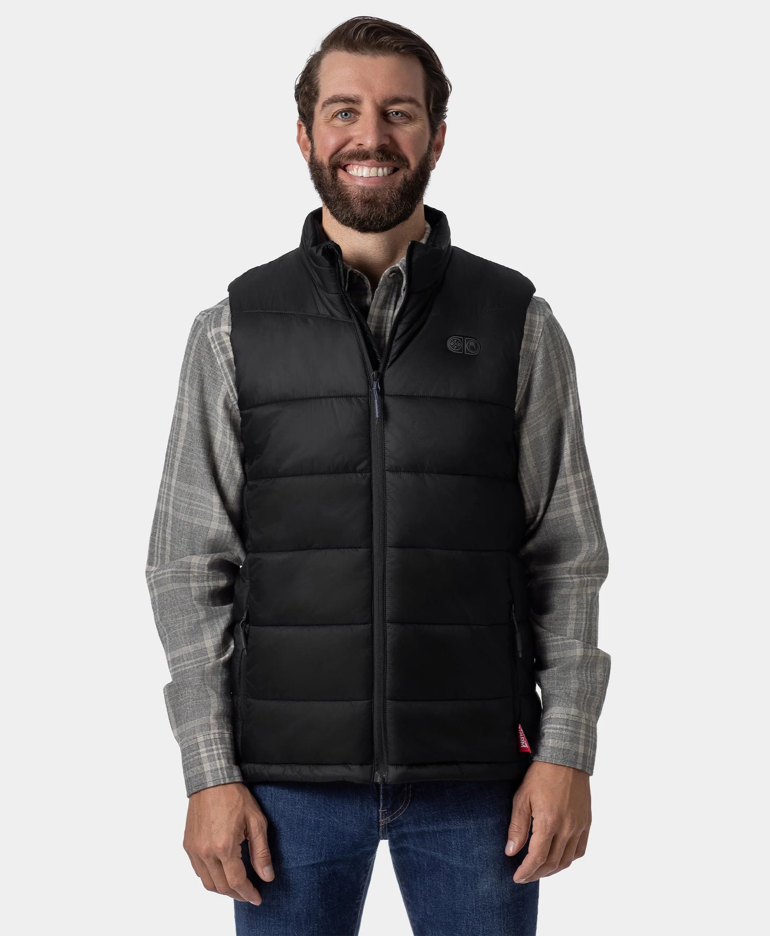 Front view of man wearing black ororo SureWarm® Men's 7-Zone Dual-Control Classic Pro Heated Vest (Lower Back Heating)