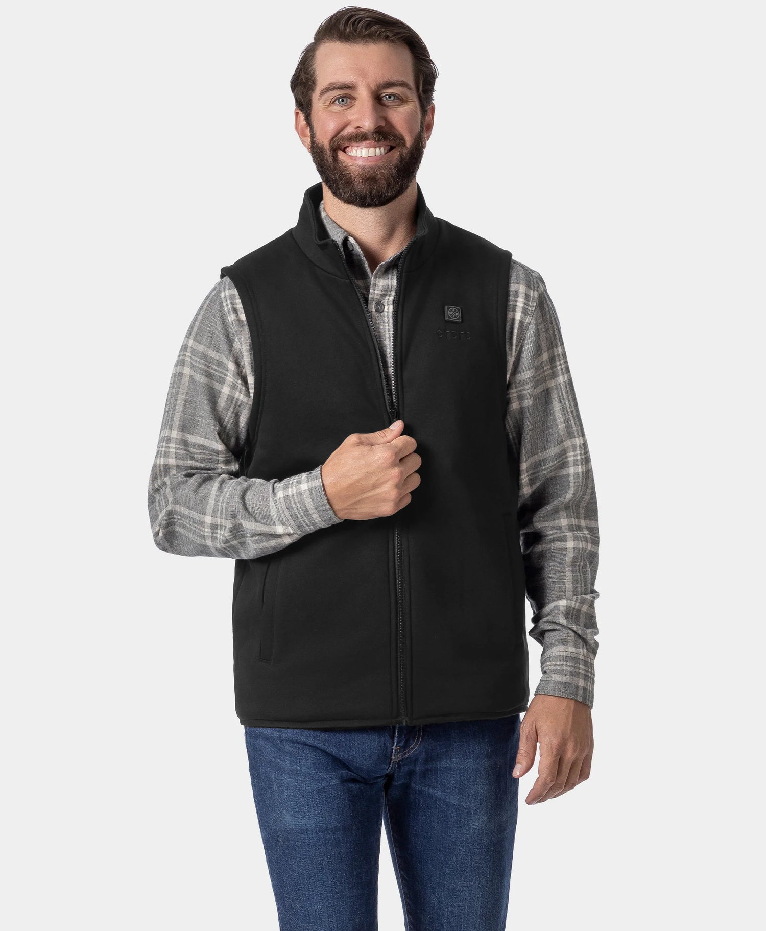 Front view of black ororo Men's Heated Fleece Vest