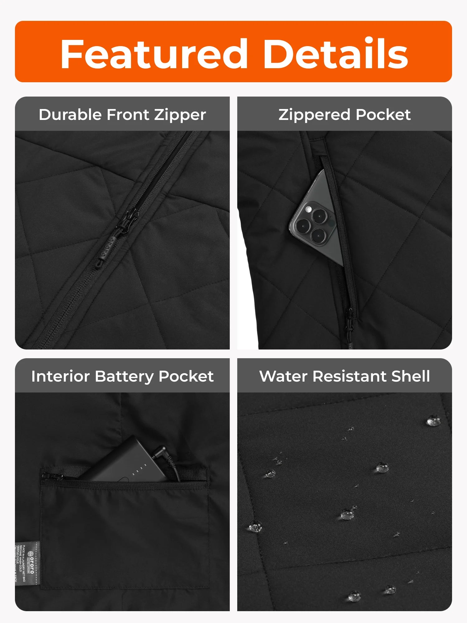 Black jacket with durable front zipper, zipped pocket, interior battery pocket, and water-resistant shell.