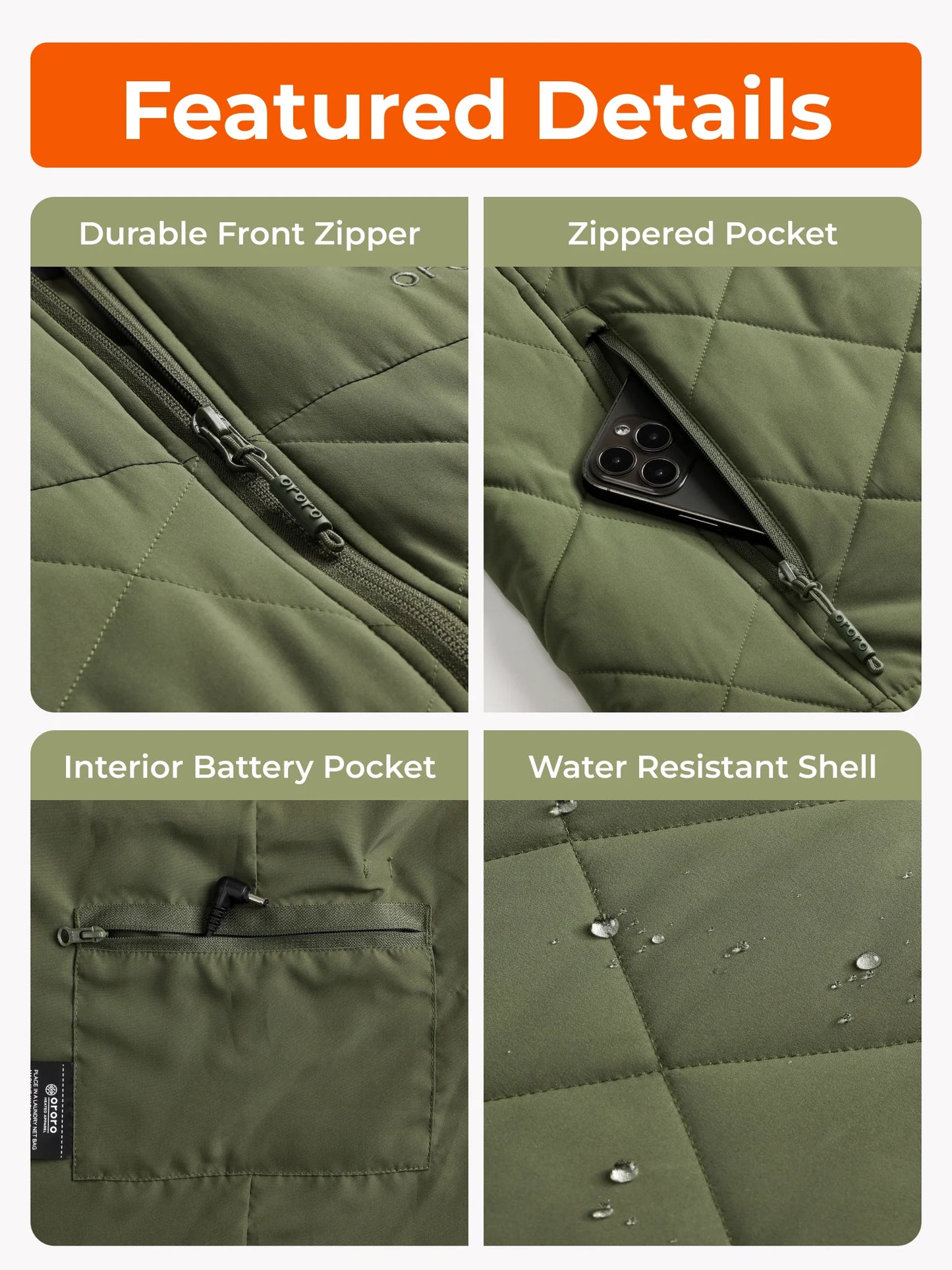 Green jacket with durable front zipper, zipped pocket, interior battery pocket, and water-resistant shell.