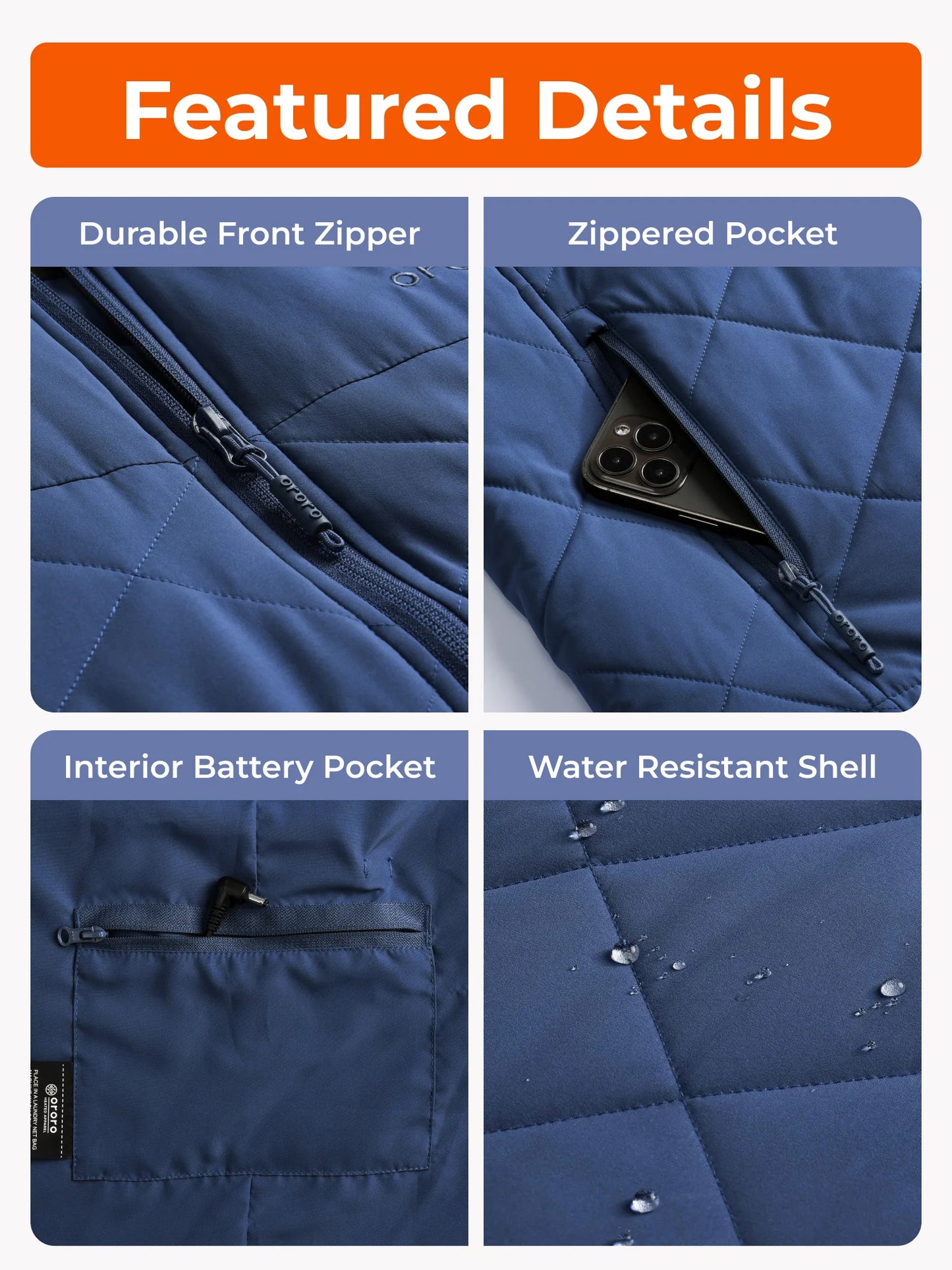 Blue jacket with durable front zipper, zipped pocket, interior battery pocket, and water-resistant shell.
