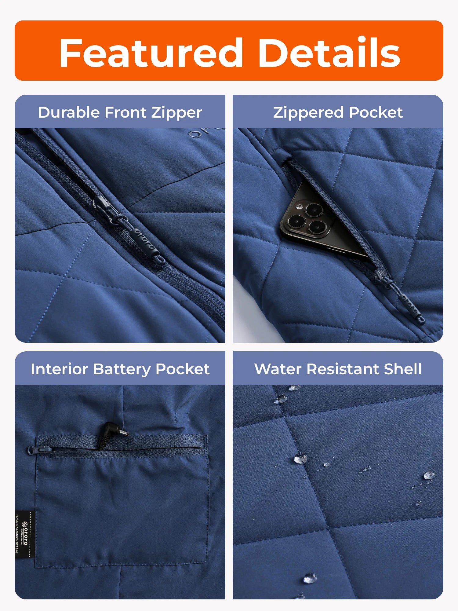 Blue jacket with durable front zipper, zipped pocket, interior battery pocket, and water-resistant shell.