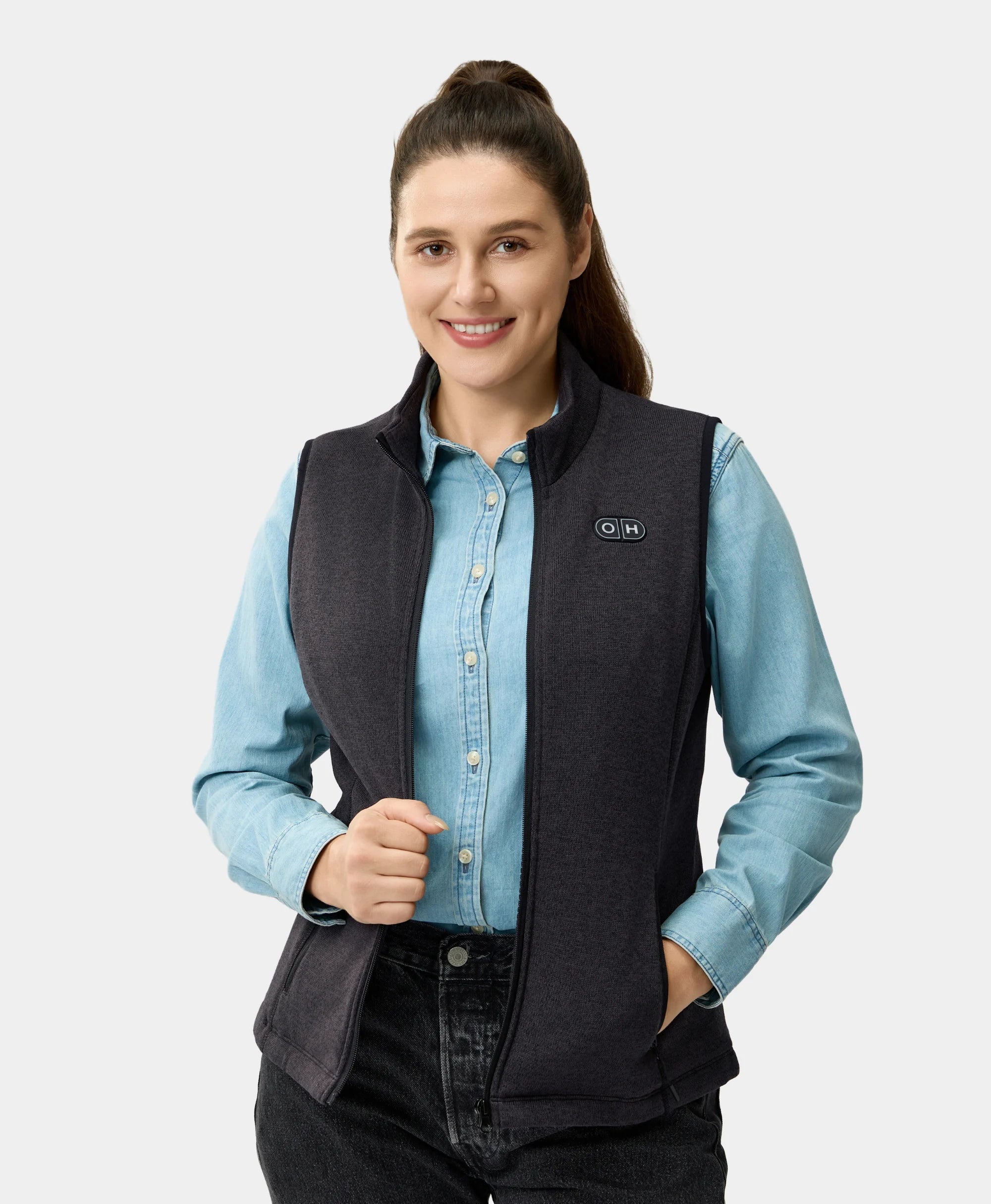 Front view of model wearing ororo OH-1 Women’s Heated Recycled Fleece Vest 