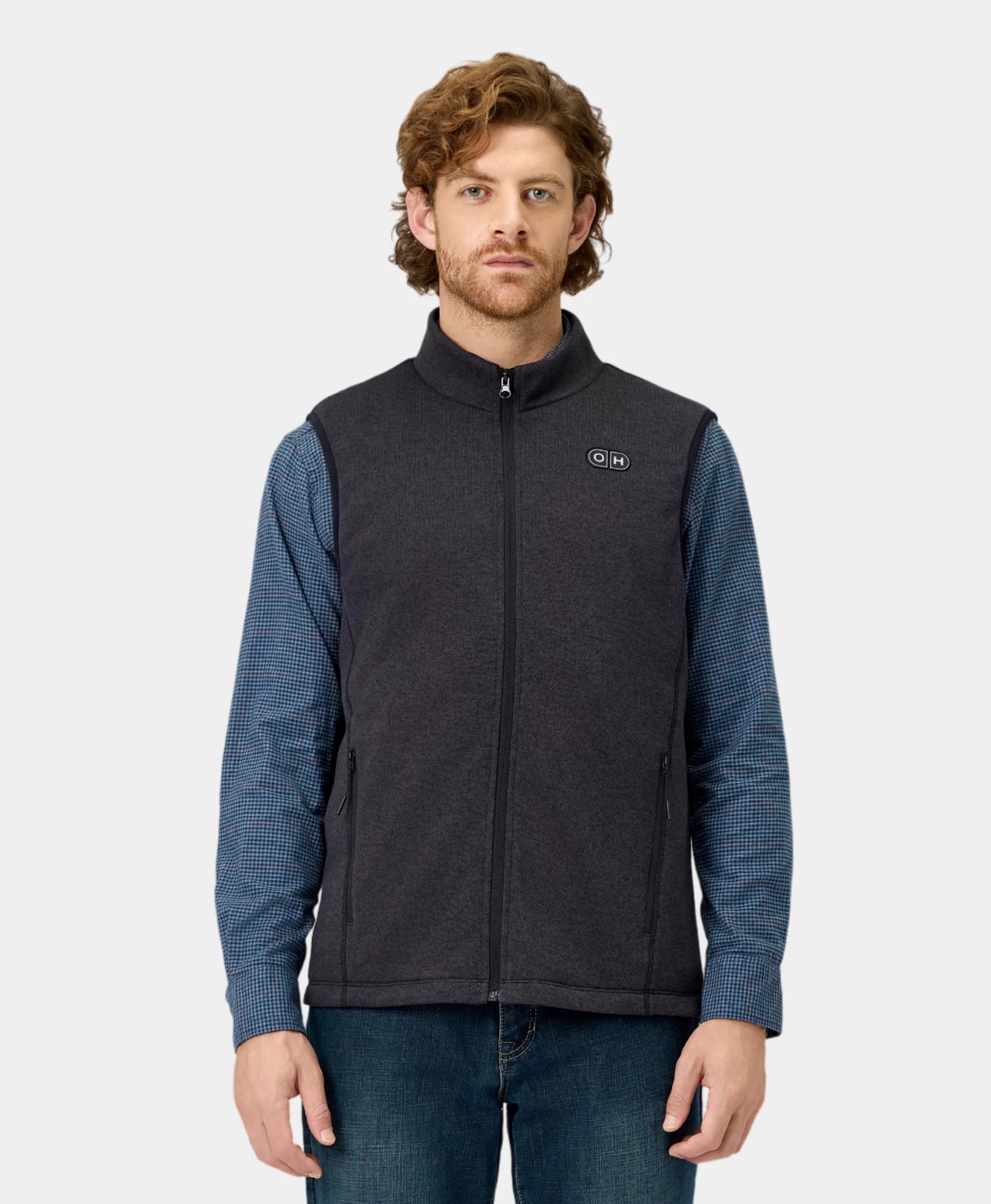 Front view of model wearing ororo OH-1 Men’s Heated Recycled Fleece Vest 