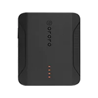 A black rectangular portable power bank with rounded corners, featuring the brand name 'ORORO' printed vertically on the front and four small LED indicator lights near the bottom center, shown against a plain white background.