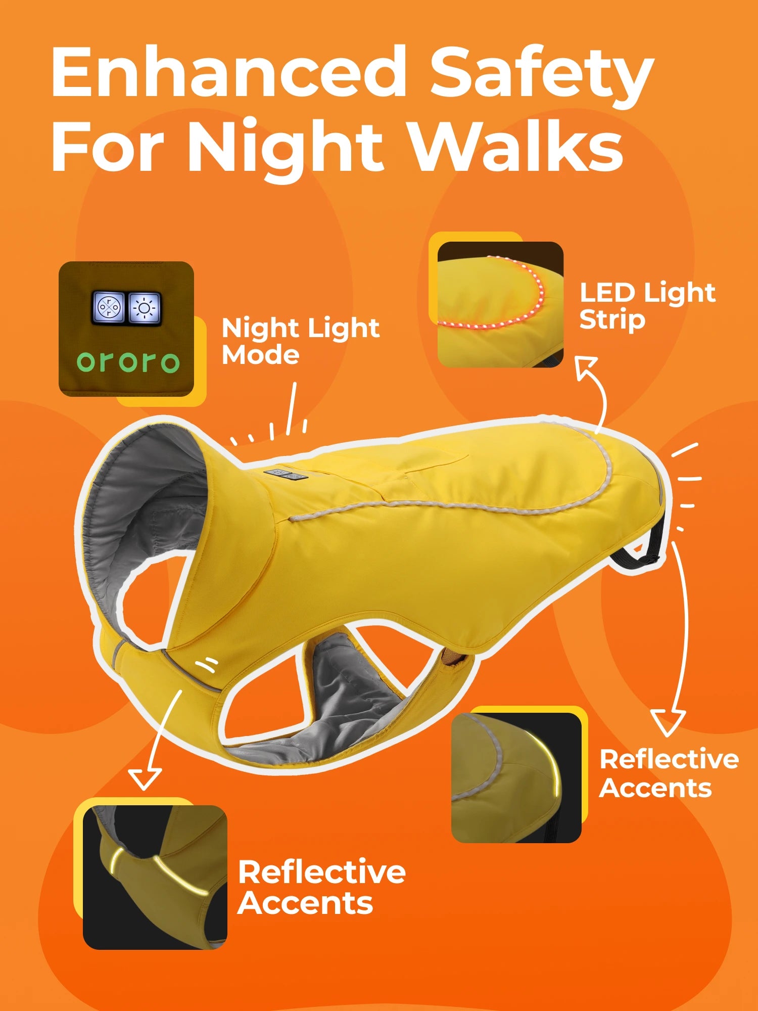 ororo Dog heated vest with LED light stripe yellow