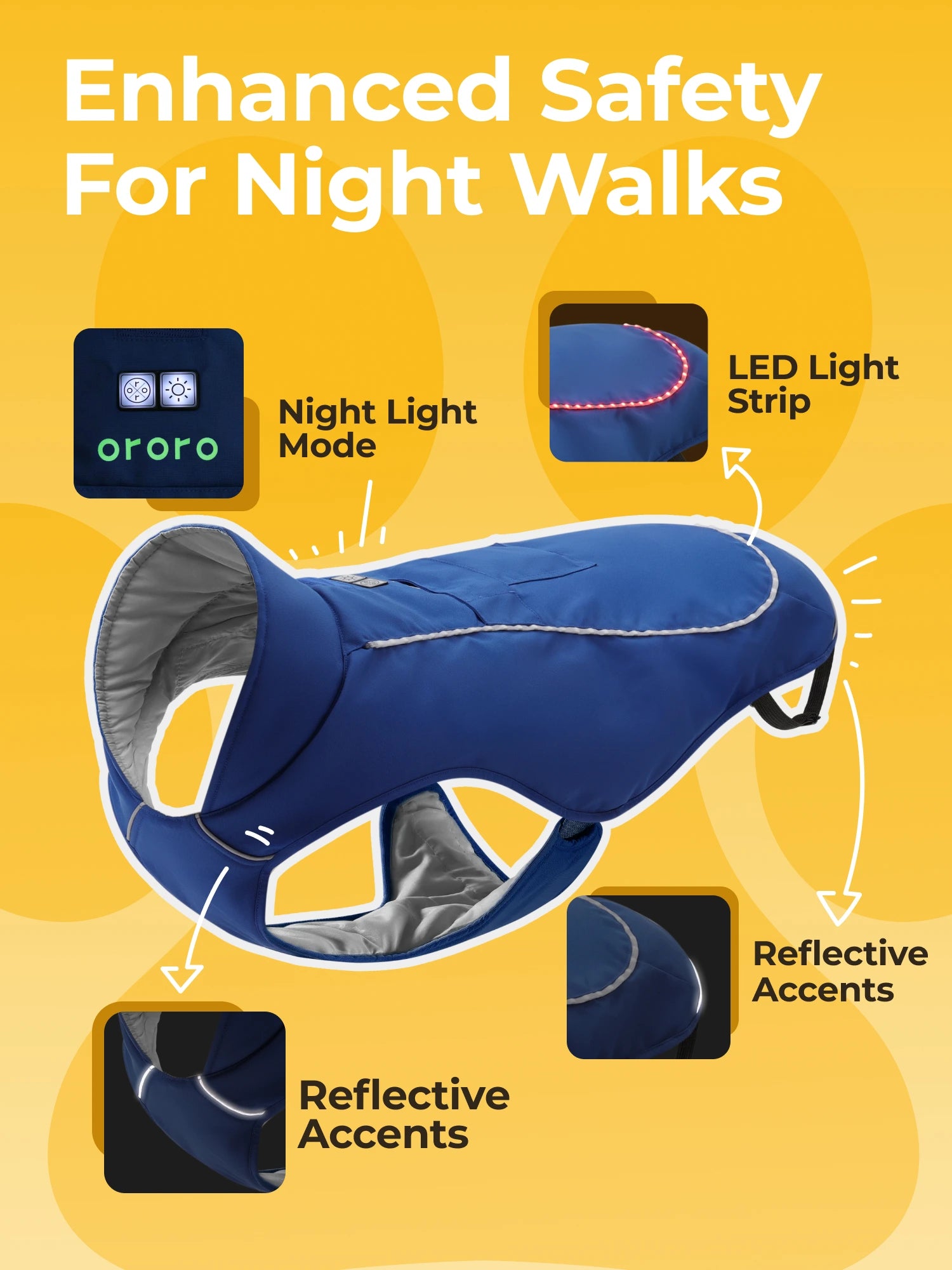 ororo Dog heated vest with LED light stripe blue