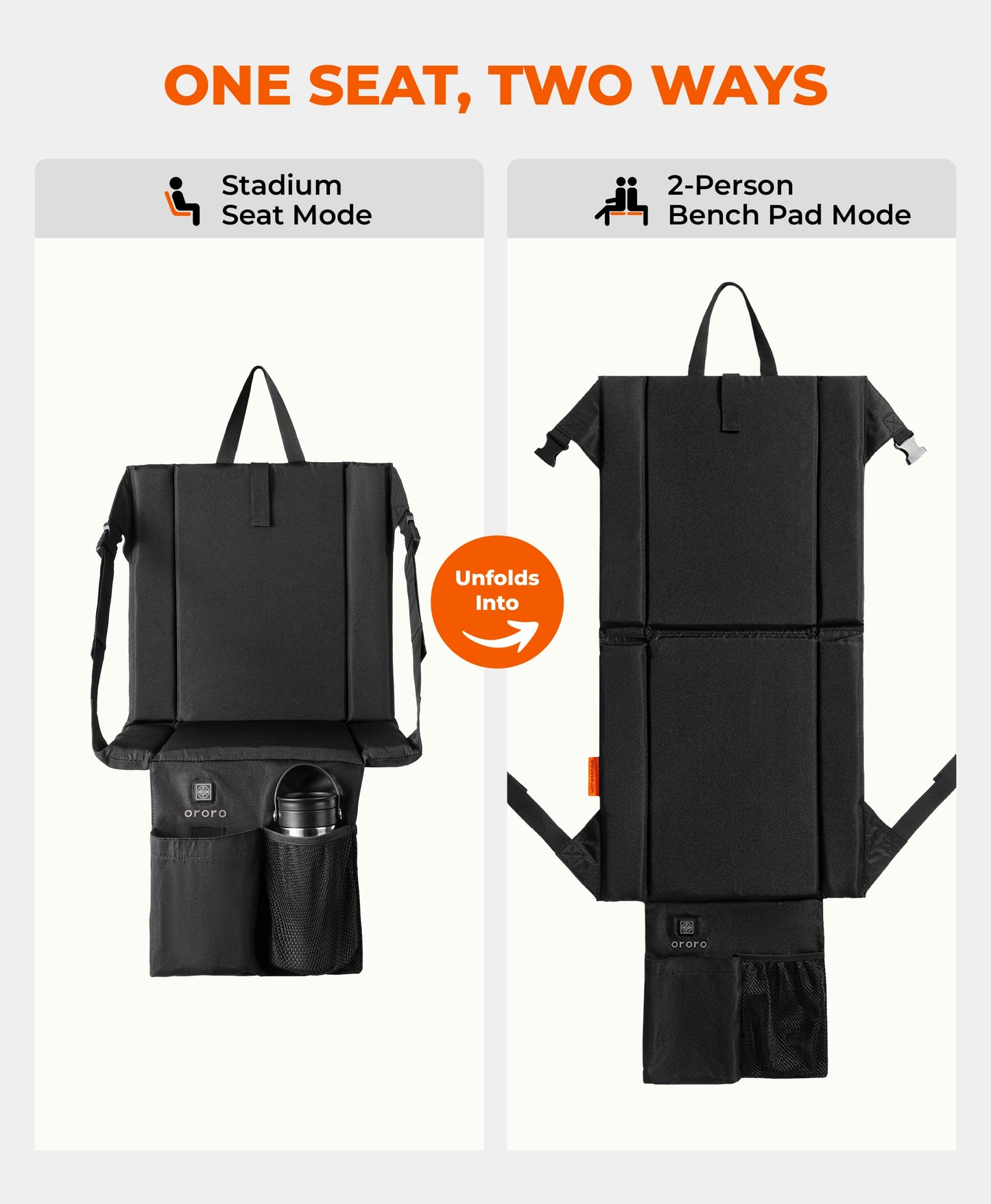 Stadium Seat Mode folded flat with front pockets, and 2-Person Bench Pad Mode unfolded into a longer seat pad.