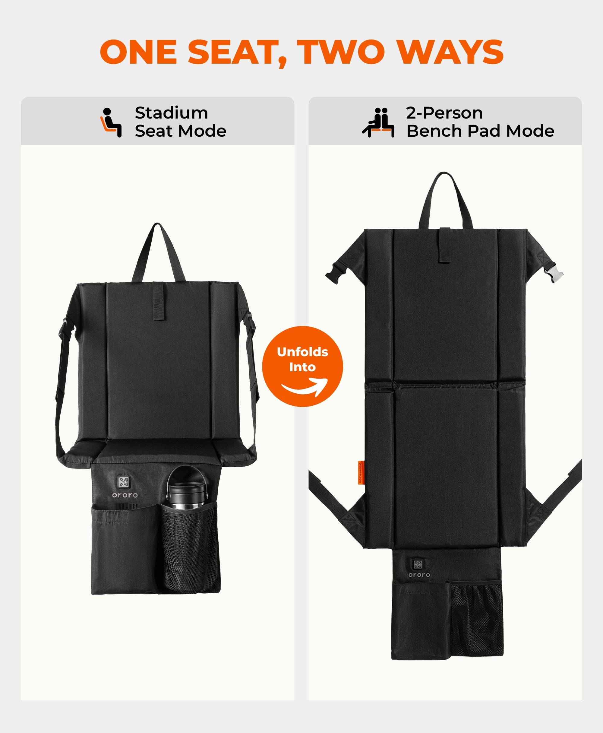 Stadium Seat Mode folded flat with front pockets, and 2-Person Bench Pad Mode unfolded into a longer seat pad.