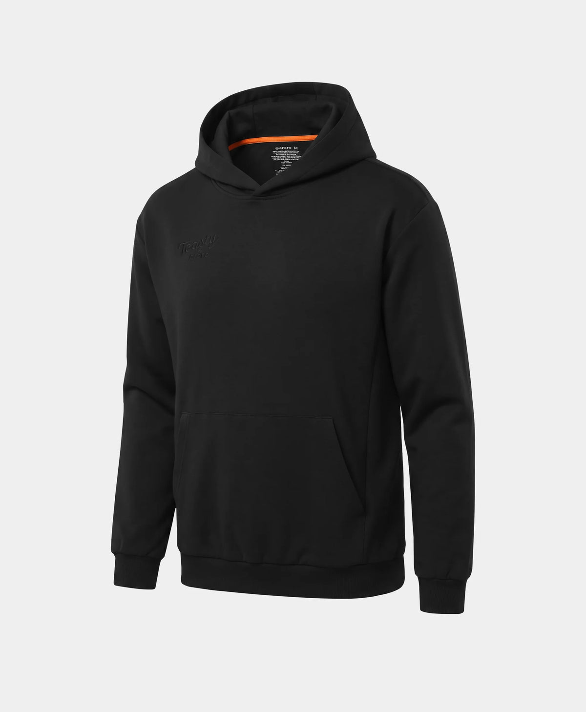 A black Toasty Unisex 5-Zone Heated Pullover Hoodie, showcasing a relaxed fit with a large kangaroo pocket, long sleeves, and a small orange accent on the inner neckline.