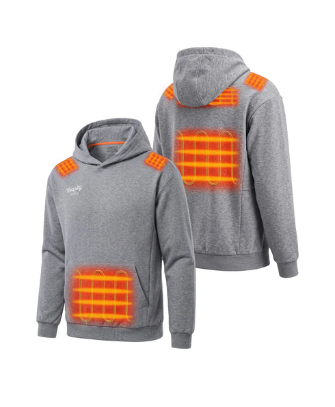 A flecking gray Toasty Unisex 5-Zone Heated Pullover Hoodie, shown here in flecking gray from the front and back to highlight 5 orange heating elements across the front kangaroo pocket, shoulders, upper back, and mid-back.