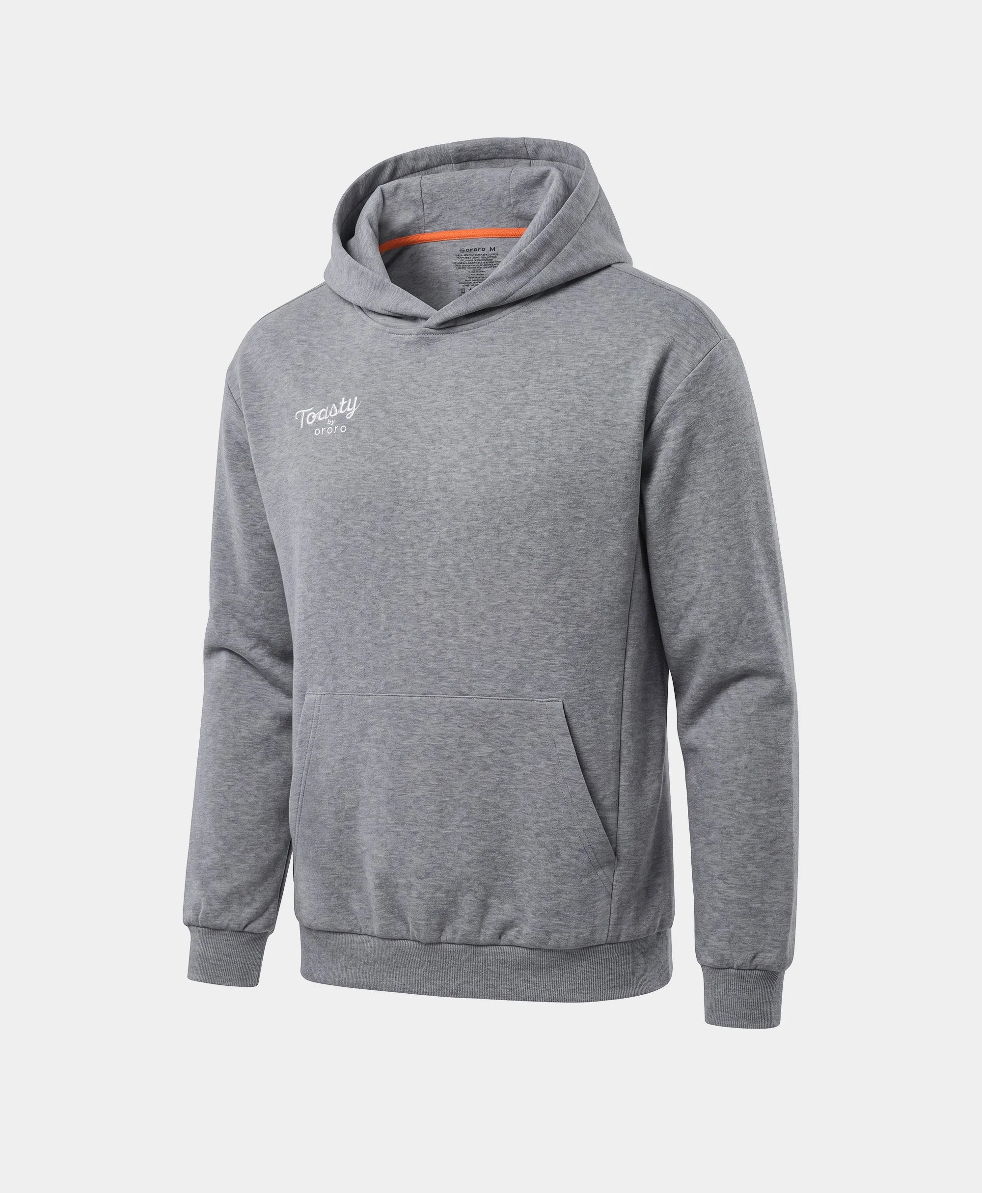 A flecking gray Toasty Unisex 5-Zone Heated Pullover Hoodie, displayed in a front view showcasing its relaxed fit, wide kangaroo pocket, ribbed hem, and small tonal "Toasty by ororo" logo on the left chest.